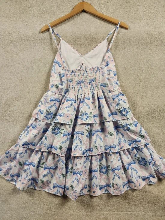 Simply Southern Sz. M Blue Flowy Midi Dress Lined Tiered "Ribbons & Bows" - Picture 5 of 6